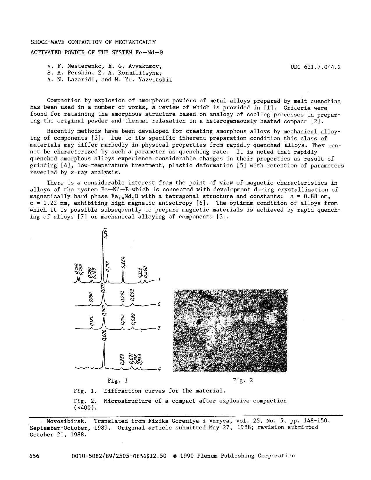 Shock-wave compaction of mechanically activated powder of the system Fe&#x2212;Nd&#x2212;B by Unknown