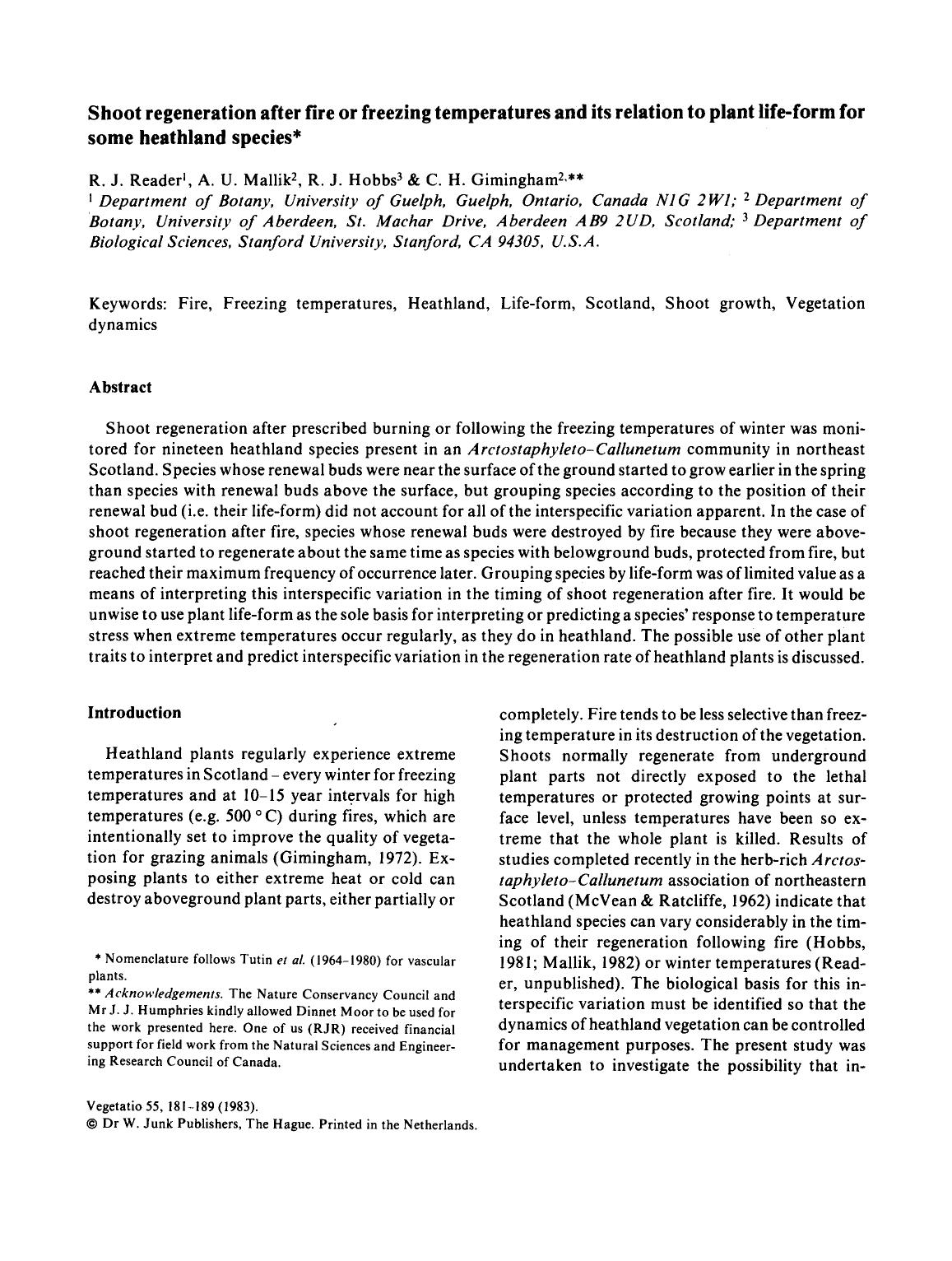 Shoot regeneration after fire or freezing temperatures and its relation to plant life-form for some heathland species by Unknown