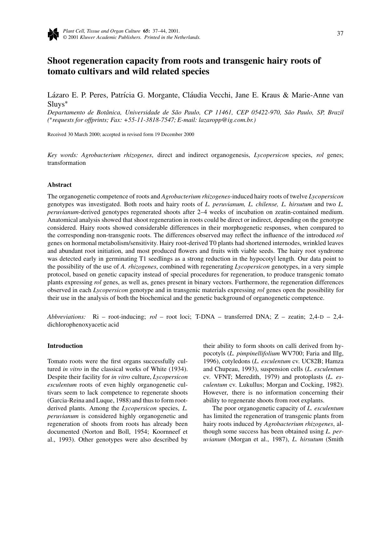 Shoot regeneration capacity from roots and transgenic hairy roots of tomato cultivars and wild related species by Unknown