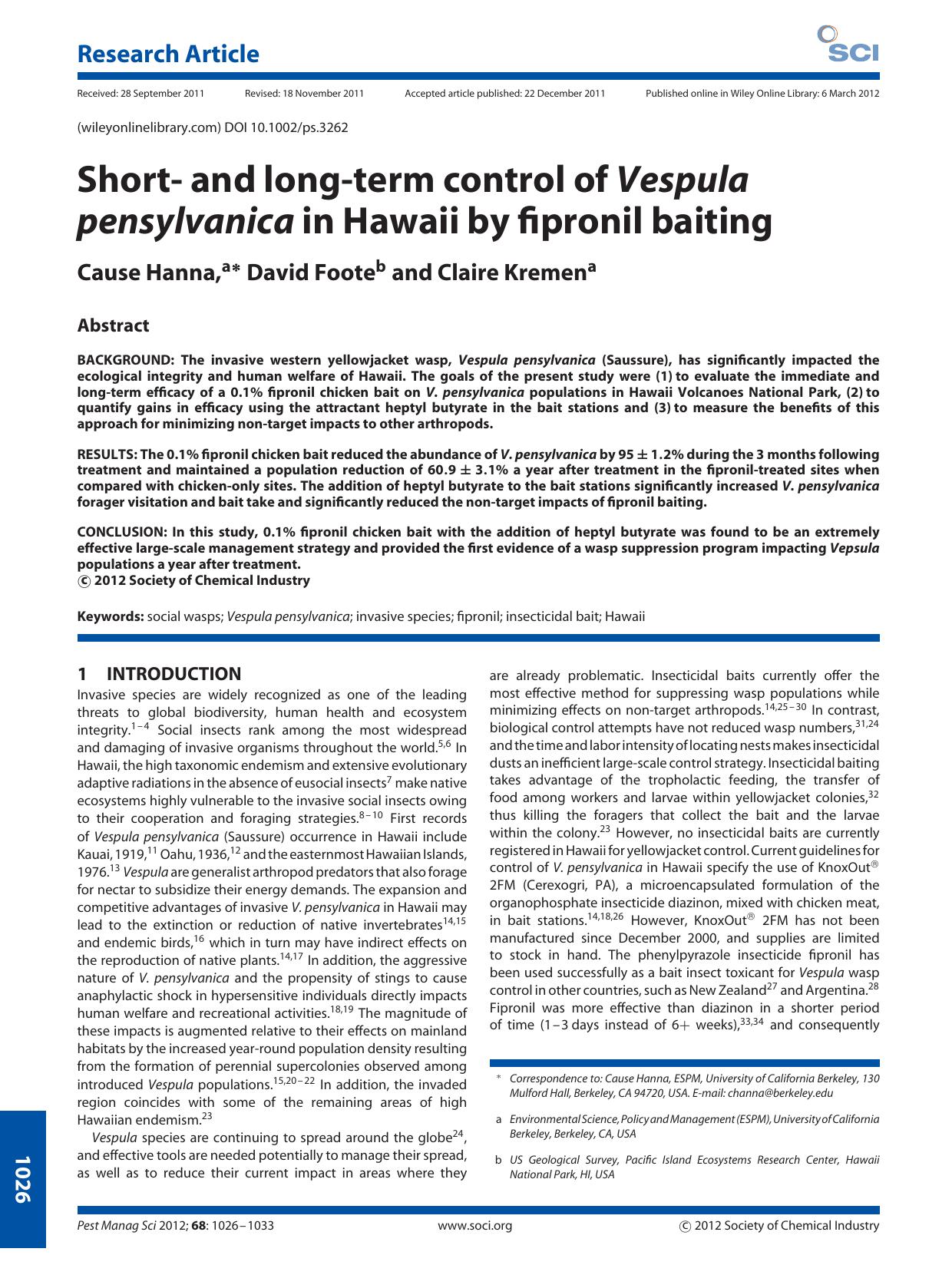 Short and longterm control of Vespula pensylvanica in Hawaii by fipronil baiting by Unknown