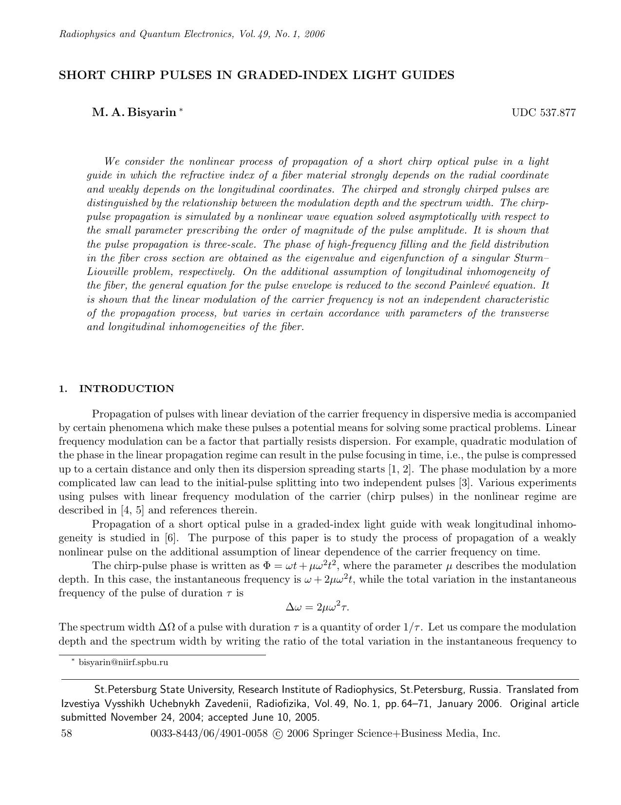 Short chirp pulses in graded-index light guides by Unknown
