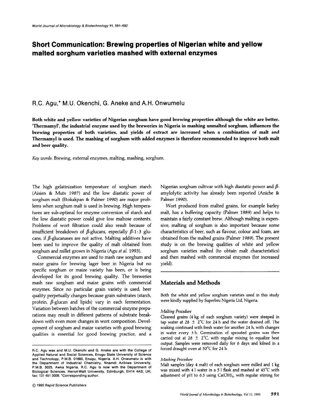 Short communication: Brewing properties of Nigerian white and yellow malted sorghum varieties mashed with external enzymes by Unknown