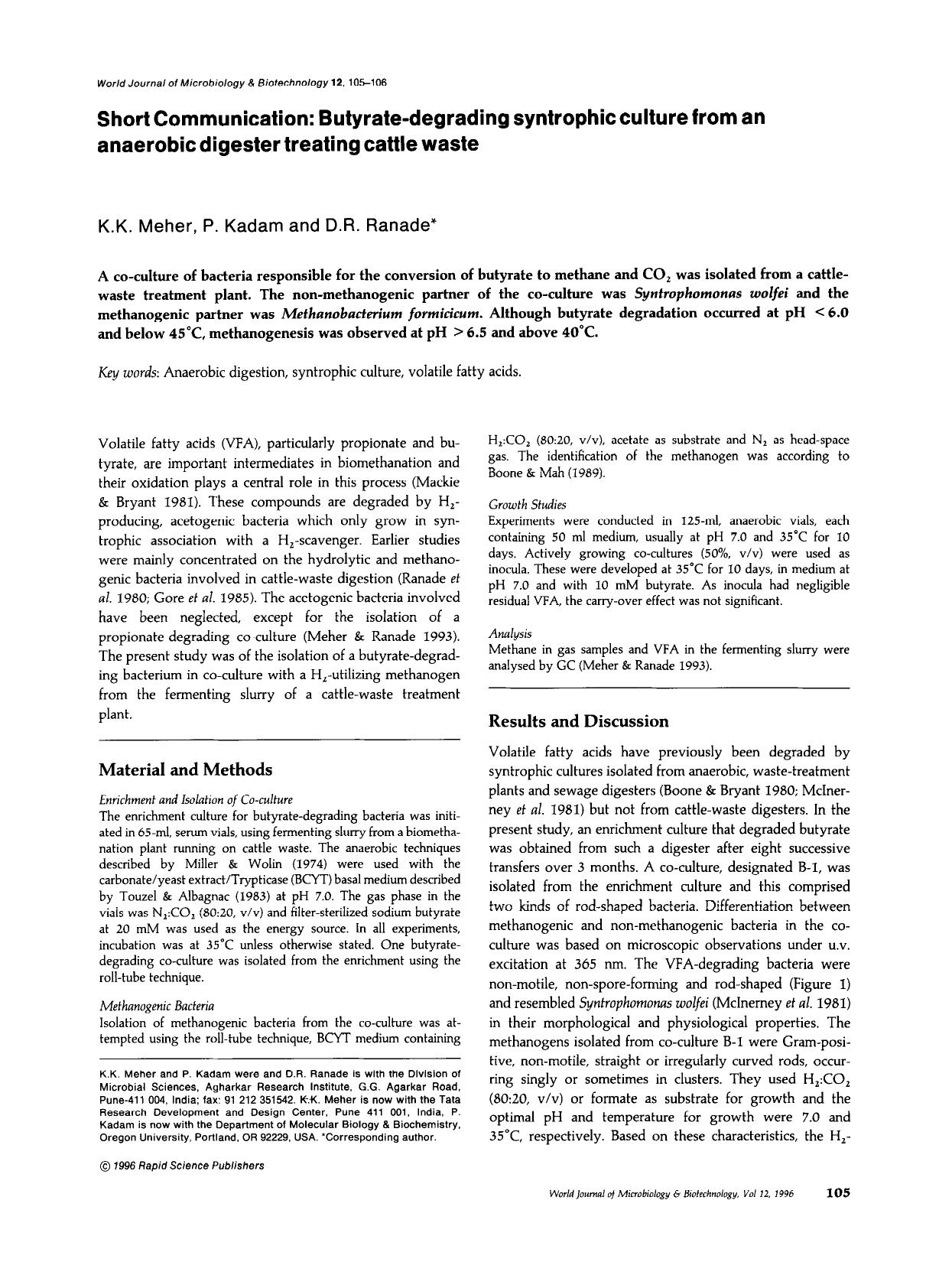 Short communication: Butyrate-degrading syntrophic culture from an anaerobic digester treating cattle waste by Unknown