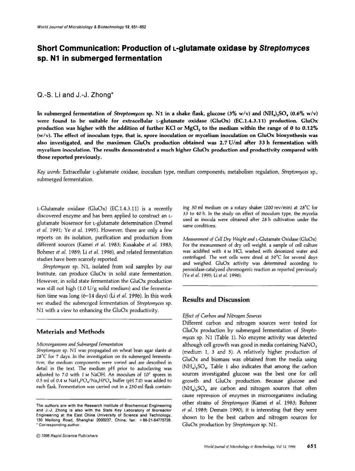 Short communication: Production of <Emphasis Type="SmallCaps">l<Emphasis>-glutamate oxidase by <Emphasis Type="Italic">Streptomyces<Emphasis> sp. N1 in submerged fermentation by Unknown