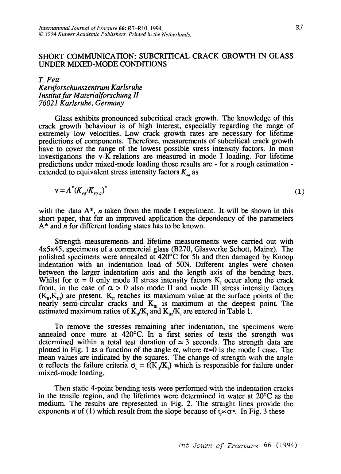 Short communication: Subcritical crack growth in glass under mixed-mode conditions by Unknown