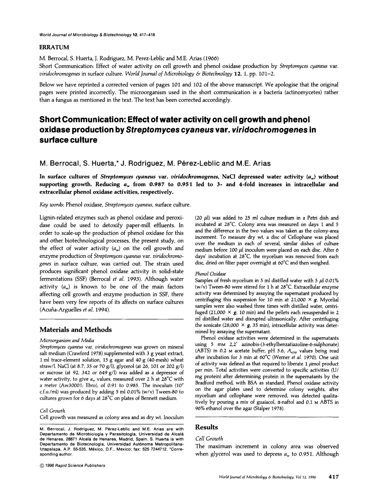 Short communications: Effect of water activity on cell growth and phenol oxidase production by <Emphasis Type="Italic">Streptomyces cyneus<Emphasis> var. <Emphasis Type="Italic">vi by Unknown