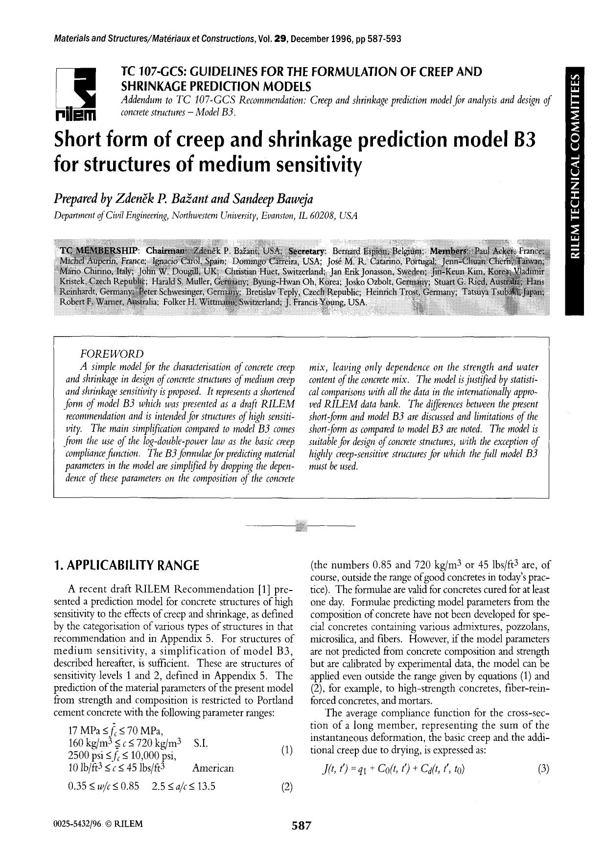 Short form of creep and shrinkage prediction model B3 for structures of medium sensitivity by Unknown