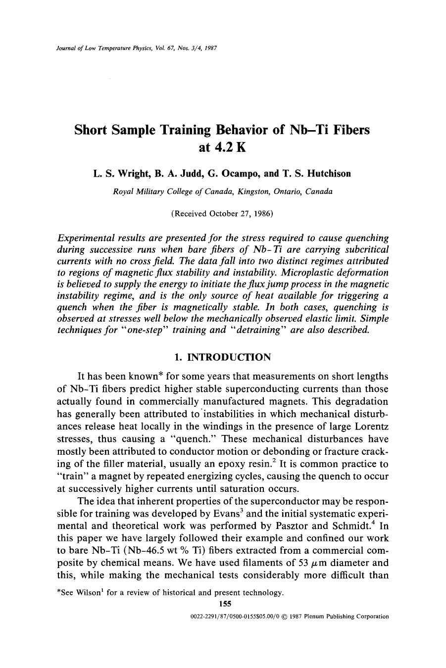 Short sample training behavior of Nb-Ti fibers at 4.2 K by Unknown