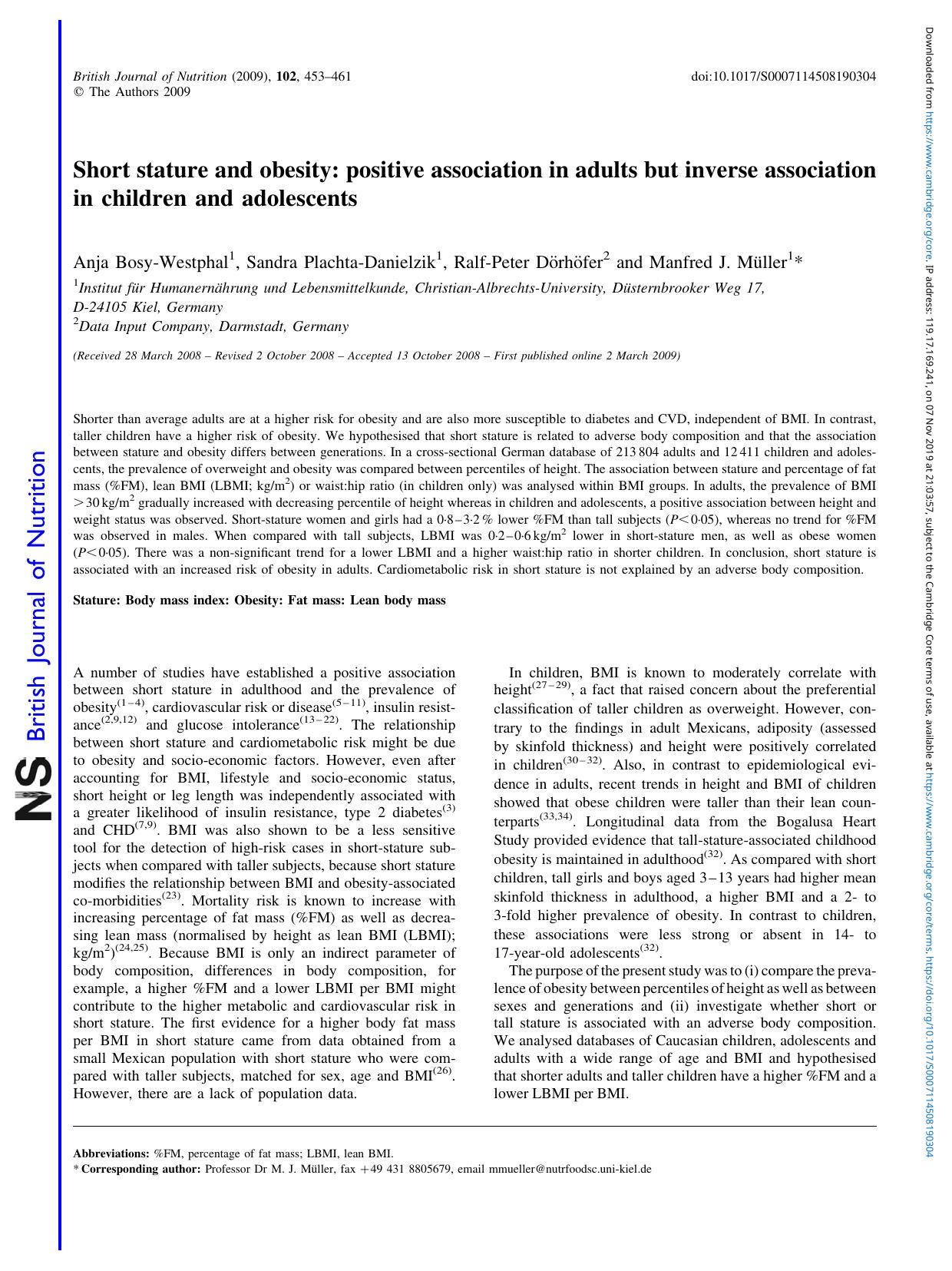 Short stature and obesity: positive association in adults but inverse association in children and adolescents by Anja Bosy-Westphal Sandra Plachta-Danielzik Ralf-Peter Dörhöfer Manfred J. Müller