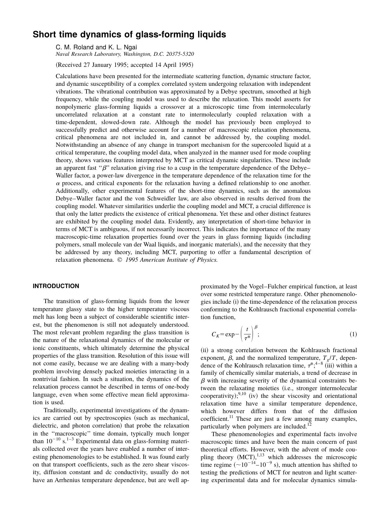 Short time dynamics of glass-forming liquids by C. M. Roland and K. L. Ngai