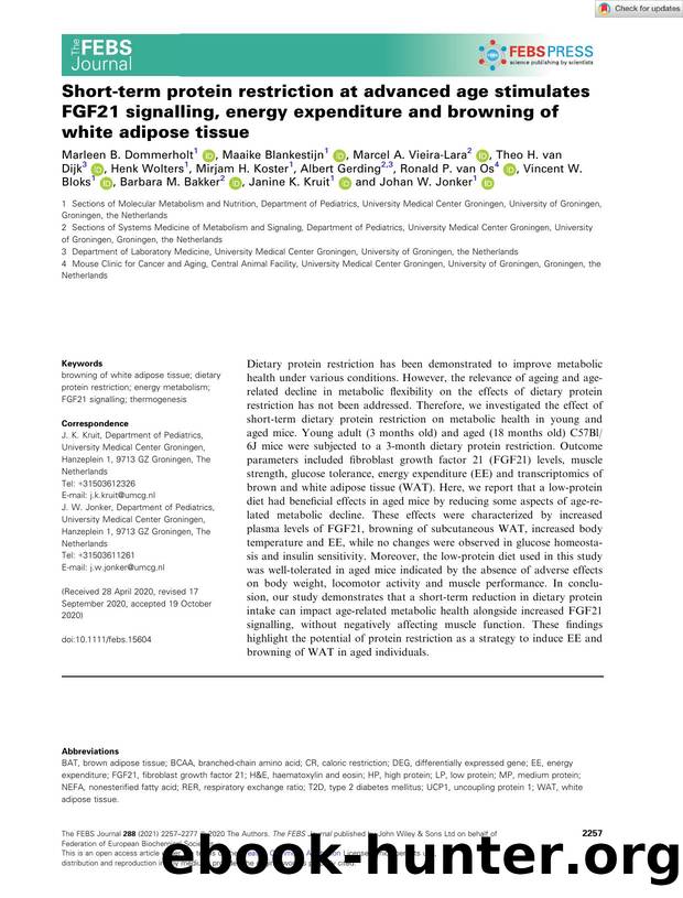 Shortâterm protein restriction at advanced age stimulates FGF21 signalling, energy expenditure and browning of white adipose tissue by Unknown