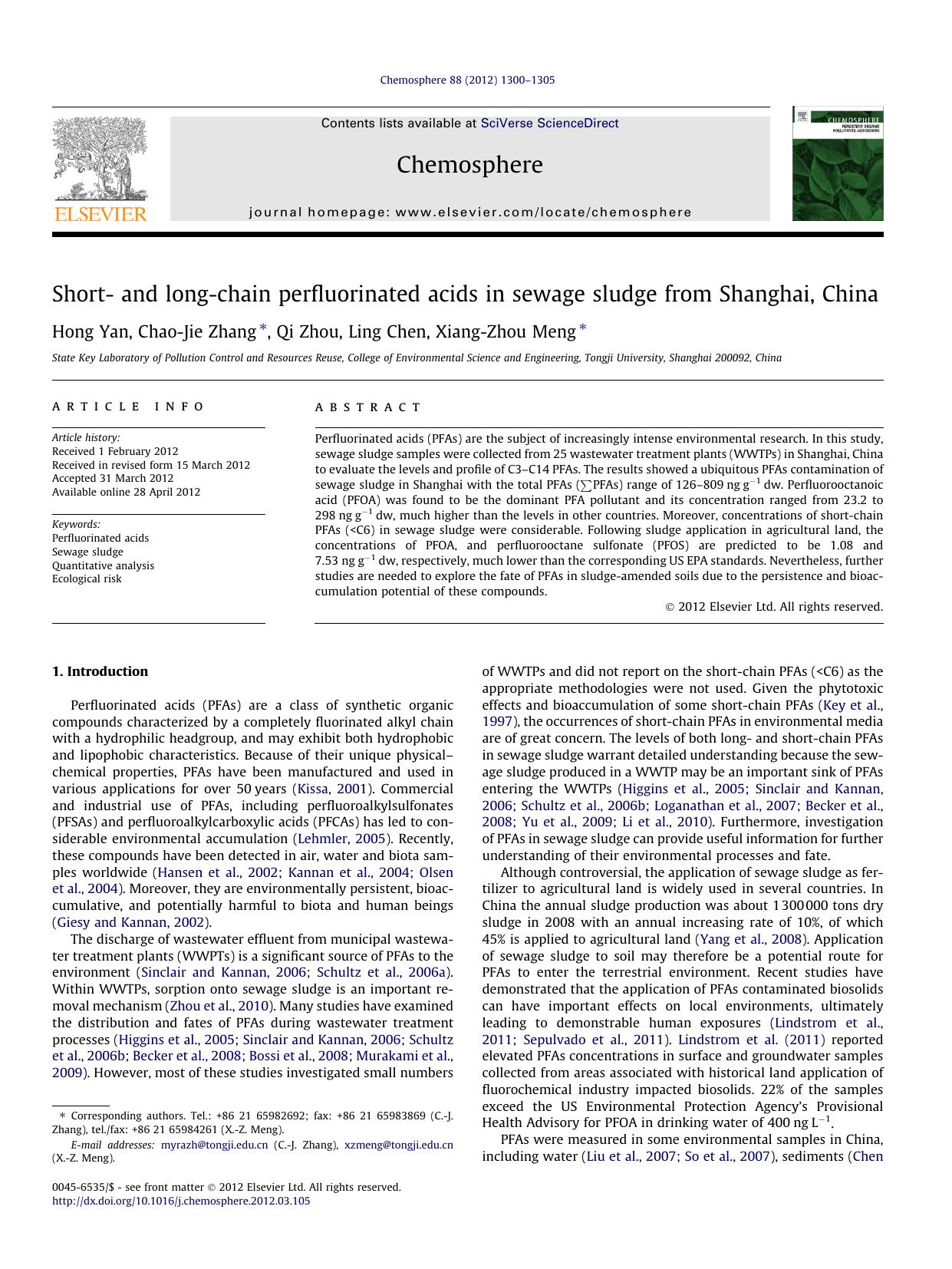 Short- and long-chain perfluorinated acids in sewage sludge from Shanghai, China by Hong Yan & Chao-Jie Zhang & Qi Zhou & Ling Chen & Xiang-Zhou Meng