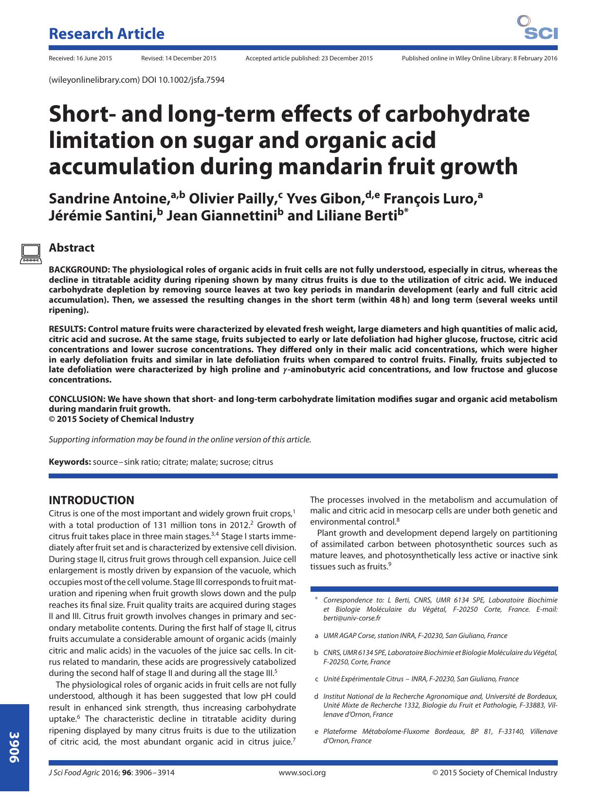 Short- and long-term effects of carbohydrate limitation on sugar and organic acid accumulation during mandarin fruit growth by Unknown