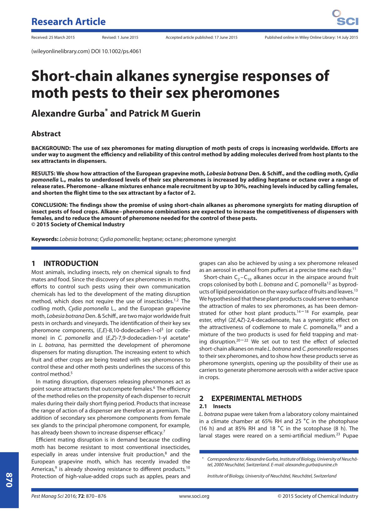 Short-chain alkanes synergise responses of moth pests to their sex pheromones by Unknown