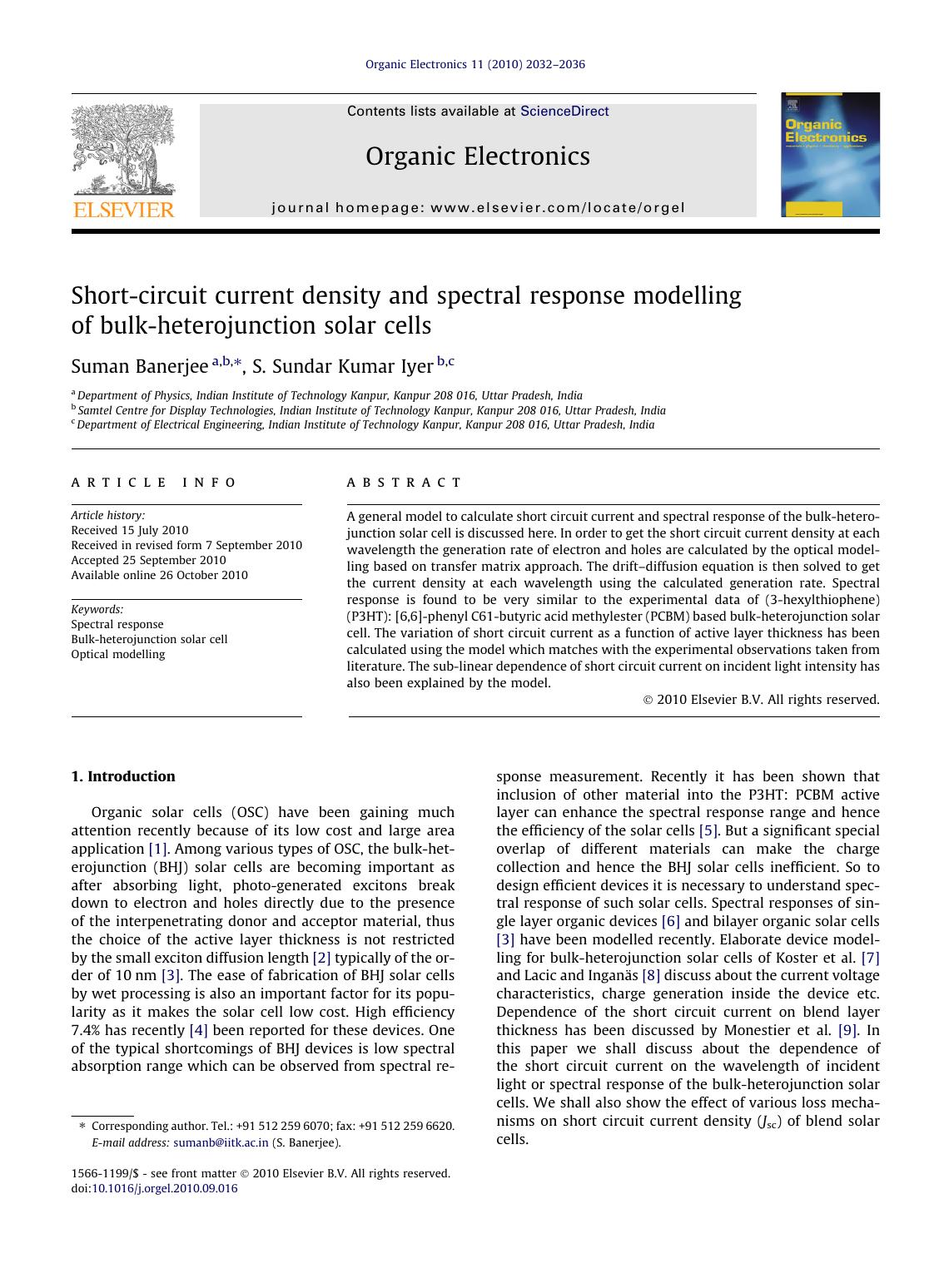 Short-circuit current density and spectral response modelling of bulk-heterojunction solar cells by Suman Banerjee & S. Sundar Kumar Iyer