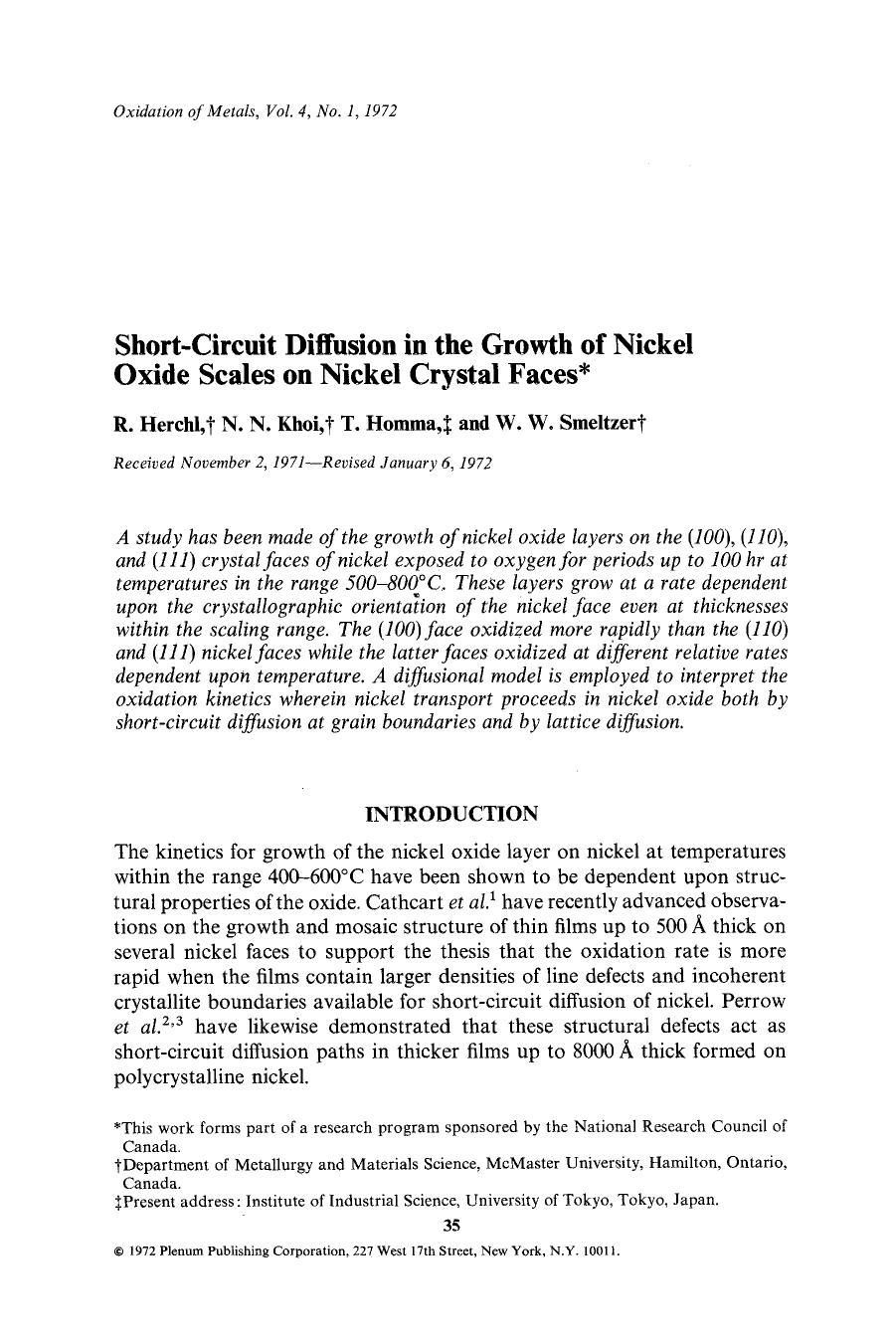 Short-circuit diffusion in the growth of nickel oxide scales on nickel crystal faces by Unknown