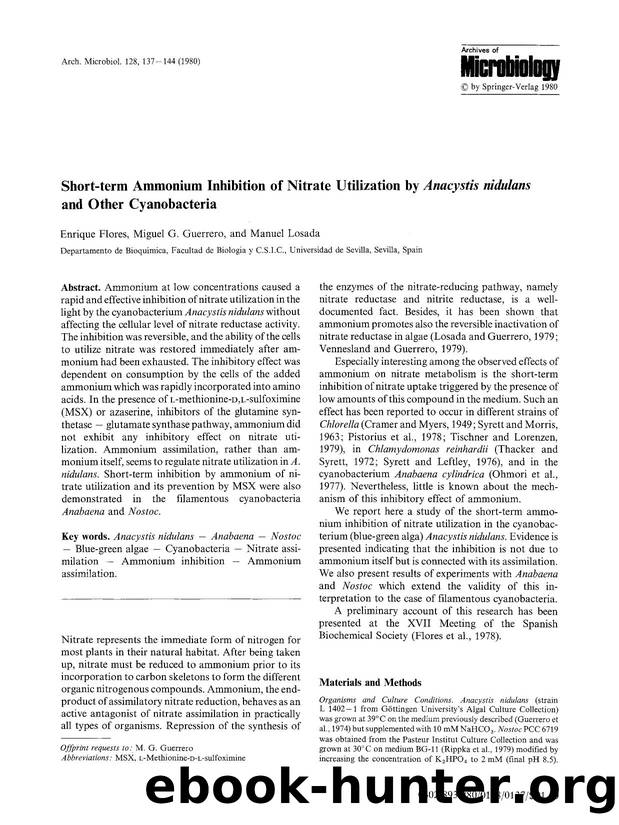 Short-term ammonium inhibition of nitrate utilization by <Emphasis Type="Italic">Anacystis nidulans<Emphasis> and other cyanobacteria by Unknown