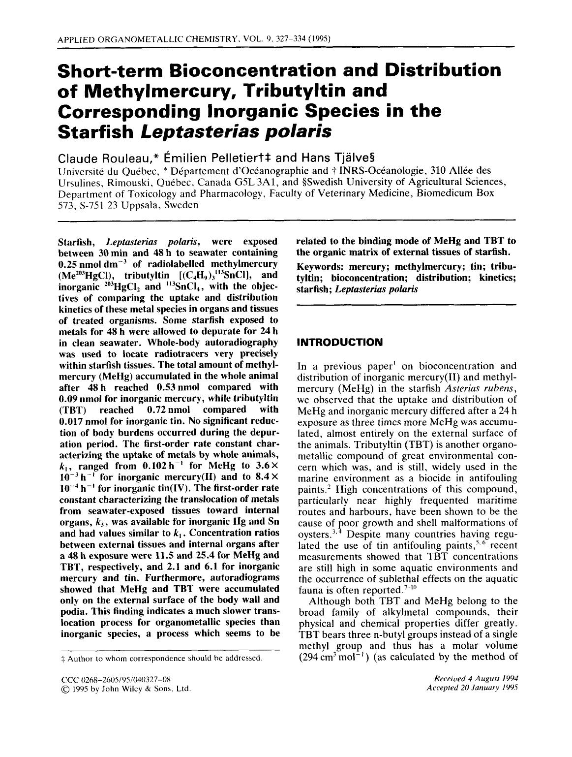 Short-term bioconcentration and distribution of methylmercury, tributyltin and corresponding inorganic species in the starfish leptasterias polaris by Unknown