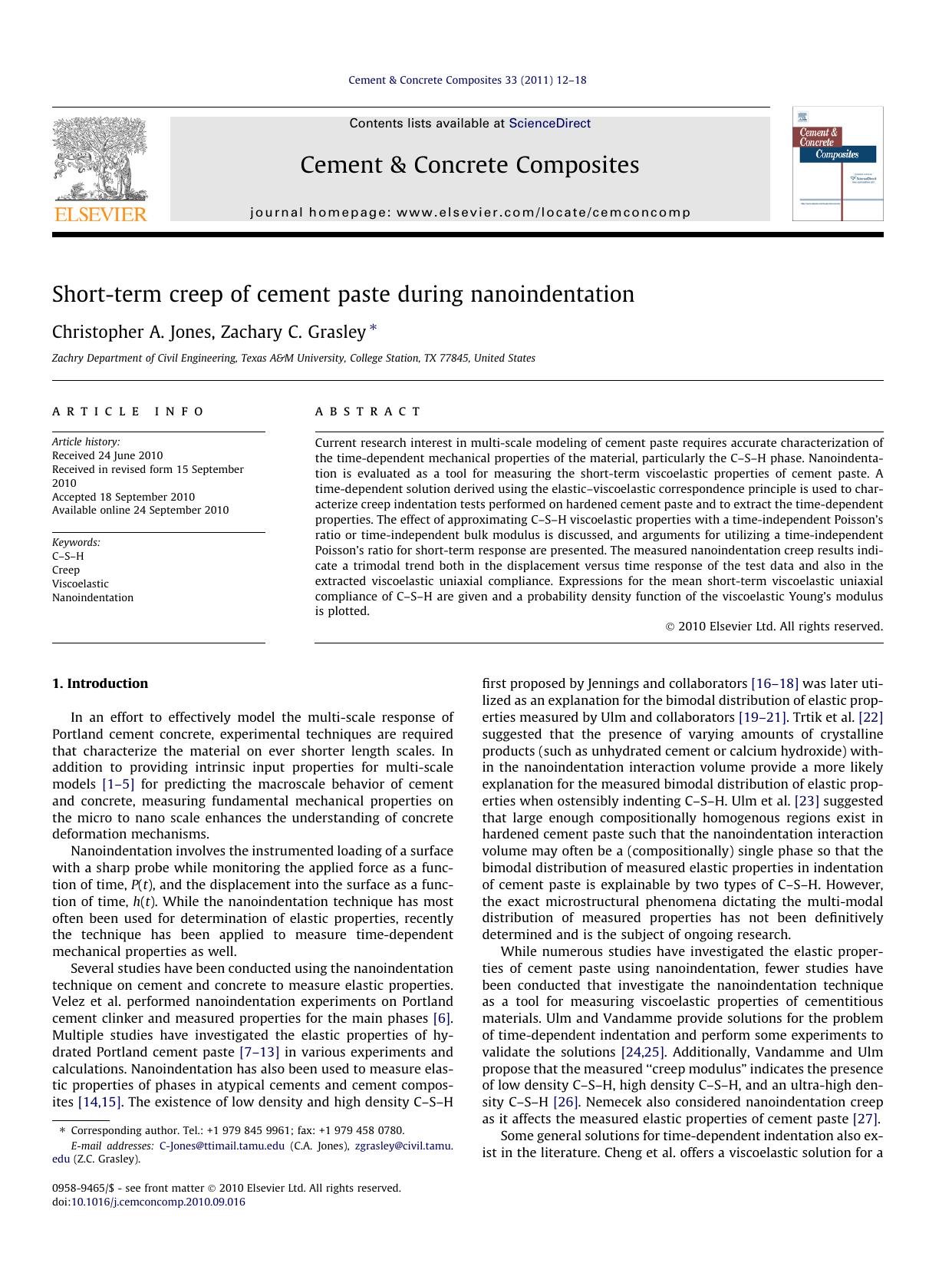 Short-term creep of cement paste during nanoindentation by Christopher A. Jones & Zachary C. Grasley