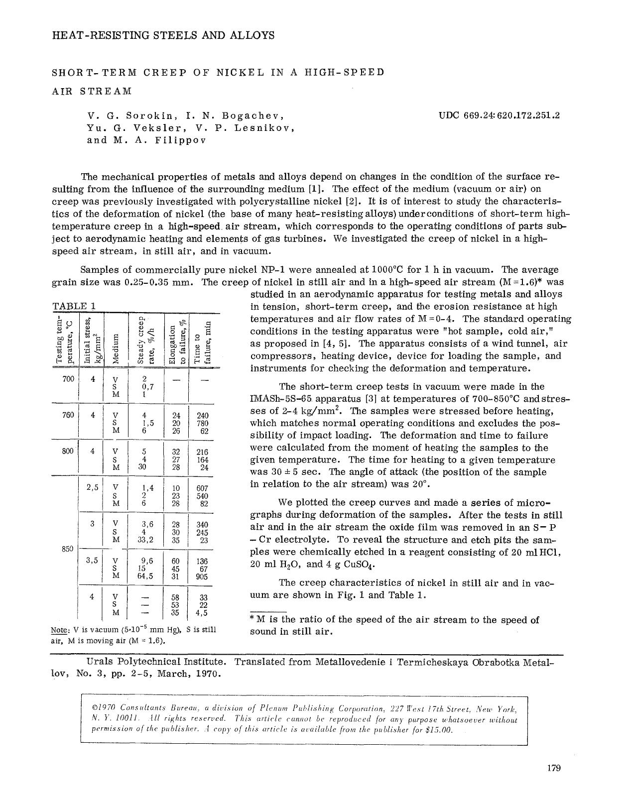 Short-term creep of nickel in a high-speed air stream by Unknown