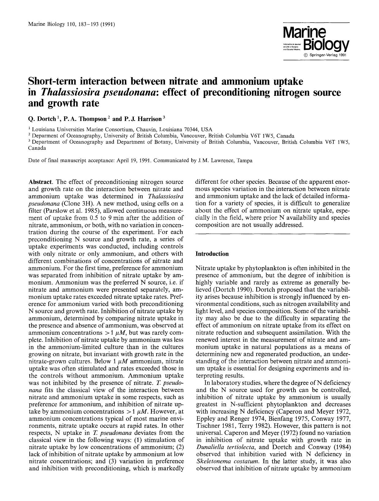 Short-term interaction between nitrate and ammonium uptake in <Emphasis Type="Italic">Thalassiosira pseudonana <Emphasis>: Effect of preconditioning nitrogen source and growth rate by Unknown