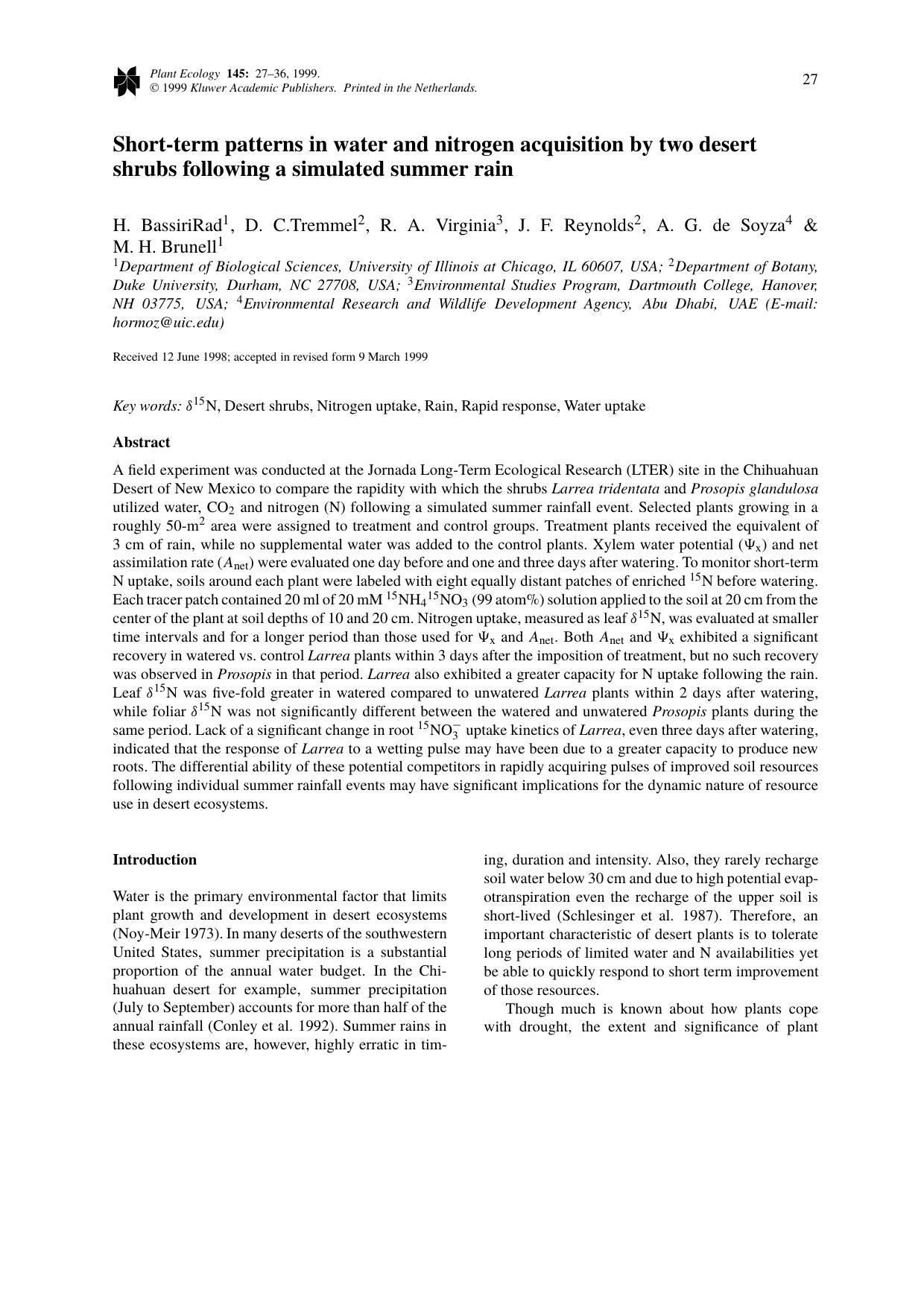 Short-term patterns in water and nitrogen acquisition by two desert shrubs following a simulated summer rain by Unknown