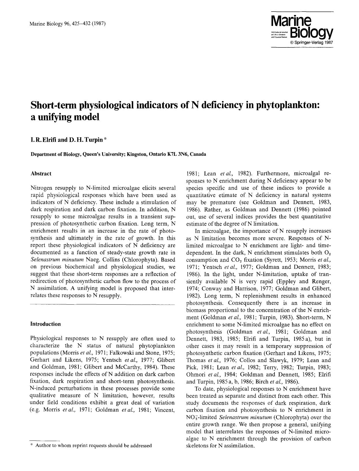 Short-term physiological indicators of N deficiency in phytoplankton: a unifying model by Unknown