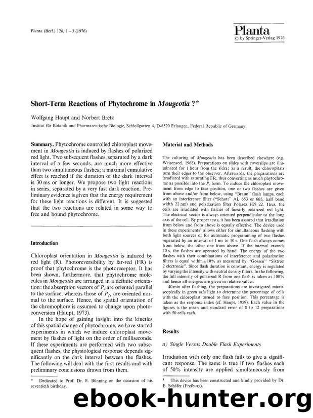 Short-term reactions of phytochrome in <Emphasis Type="Italic">Mougeotia<Emphasis>? by Unknown
