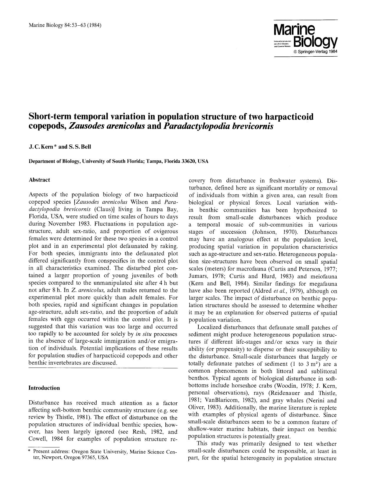 Short-term temporal variation in population structure of two harpacticoid copepods, <Emphasis Type="Italic">Zausodes arenicolus<Emphasis> and <Emphasis Type="Italic">Paradactylopod by Unknown