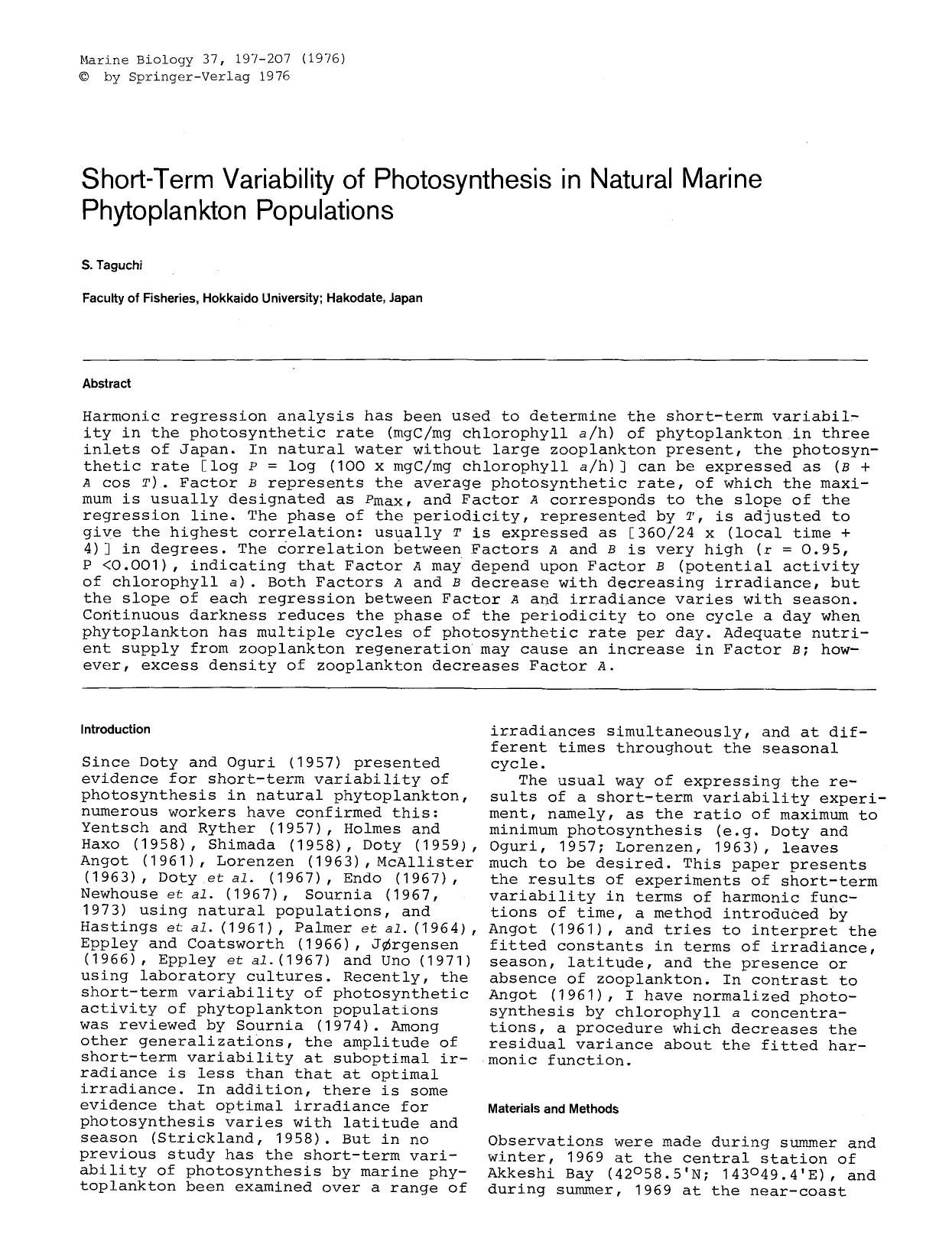 Short-term variability of photosynthesis in natural marine phytoplankton populations by Unknown
