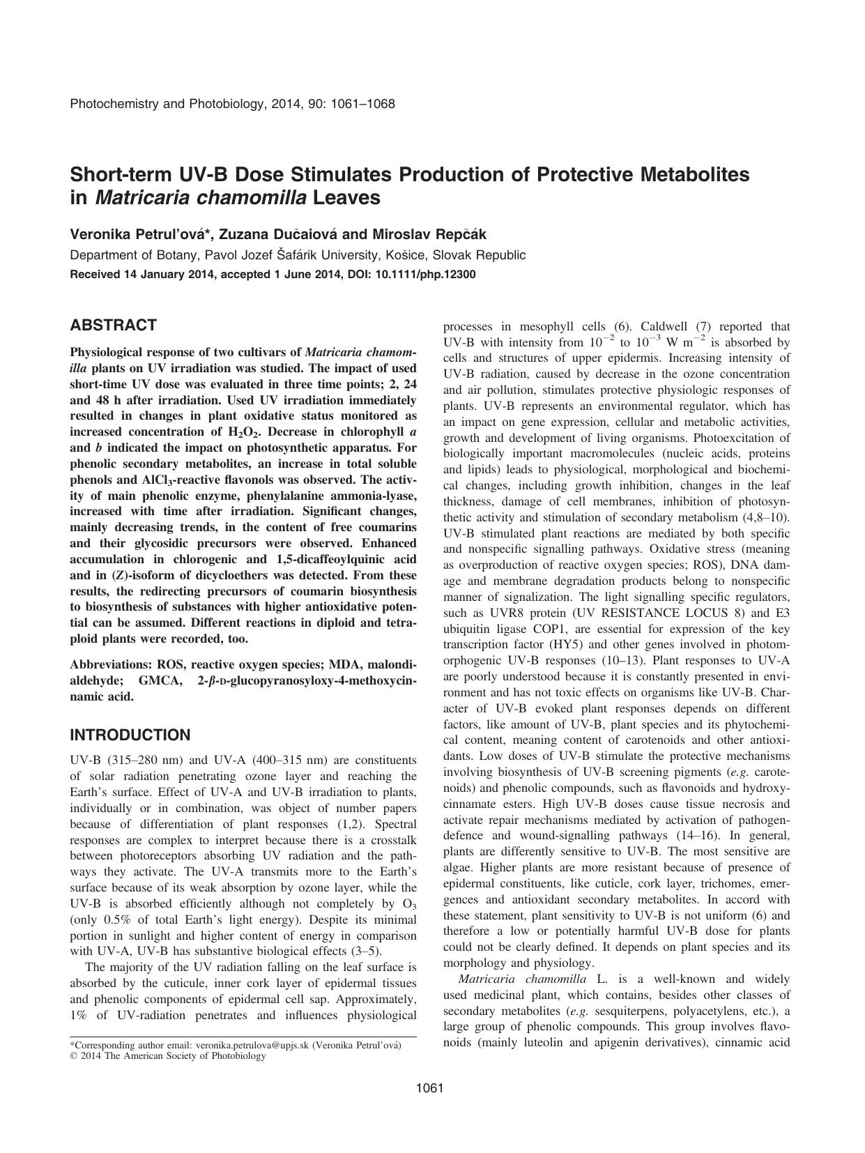 Shortterm UVB Dose Stimulates Production of Protective Metabolites in Matricaria chamomilla Leaves by Unknown