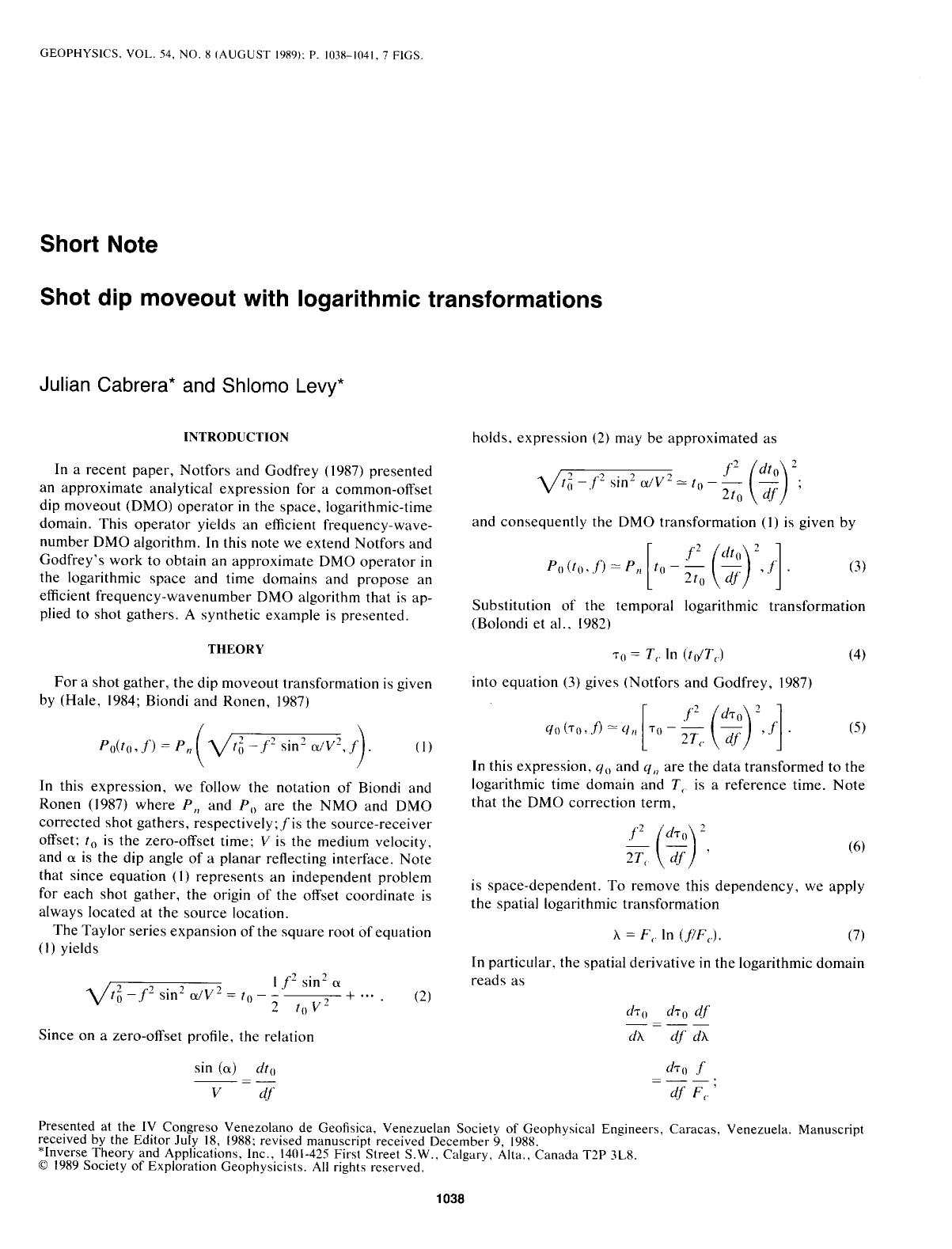 Shot dip moveout with logarithmic transformations: SHORT NOTE by Cabrera J.; Levy S