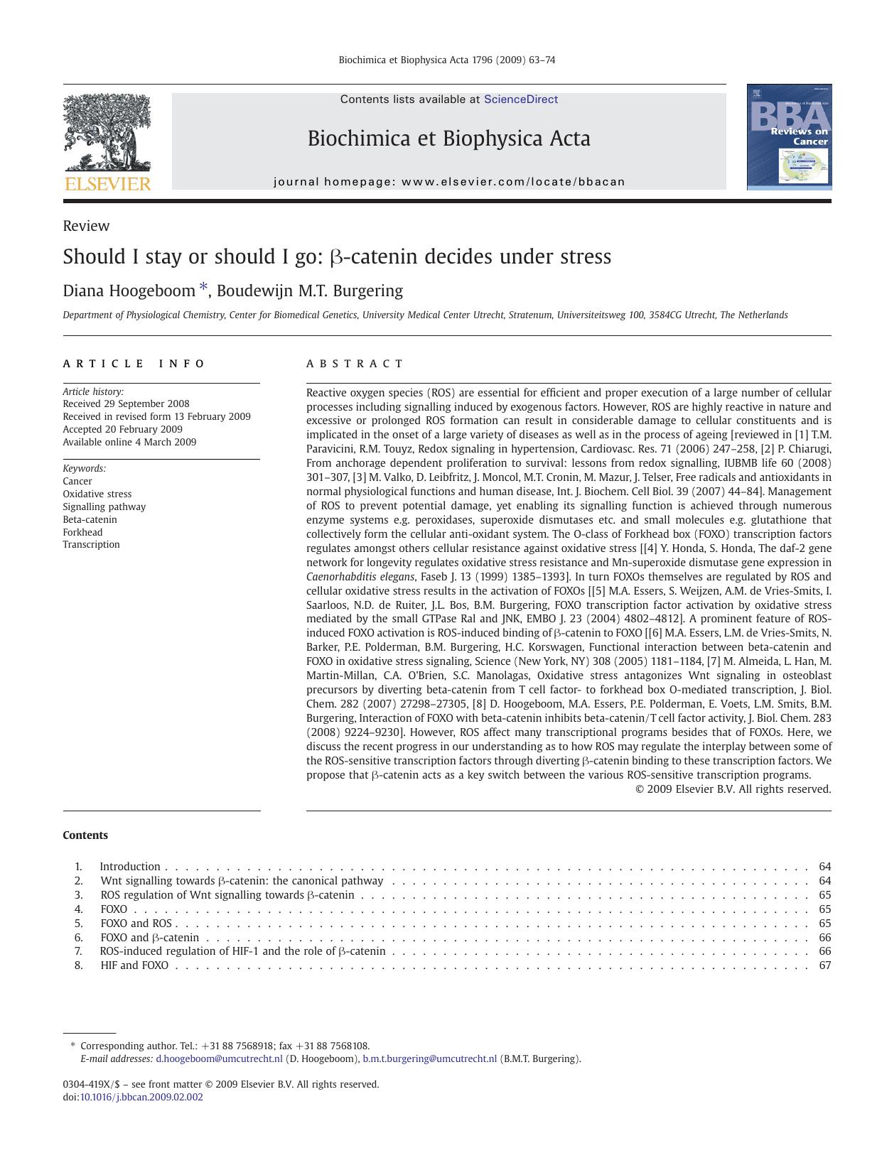 Should I stay or should I go: Î²-catenin decides under stress by Diana Hoogeboom; Boudewijn M.T. Burgering