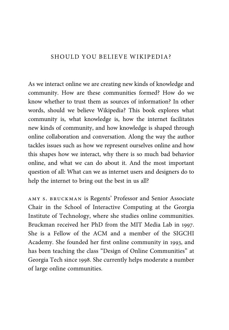 Should You Believe Wikipedia?: Online Communities and the Construction of Knowledge by Amy S. Bruckman