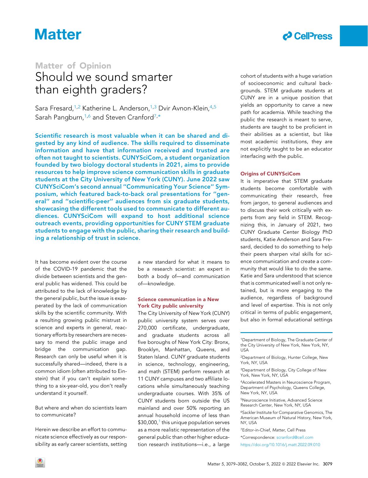Should we sound smarter than eighth graders? by Sara Fresard & Katherine L. Anderson & Dvir Avnon-Klein & Sarah Pangburn & Steven Cranford