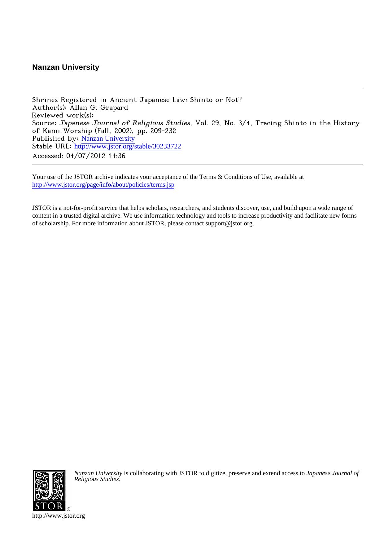 Shrines Registered in Ancient Japanese Law: Shinto or Not? by Grapard Allan G