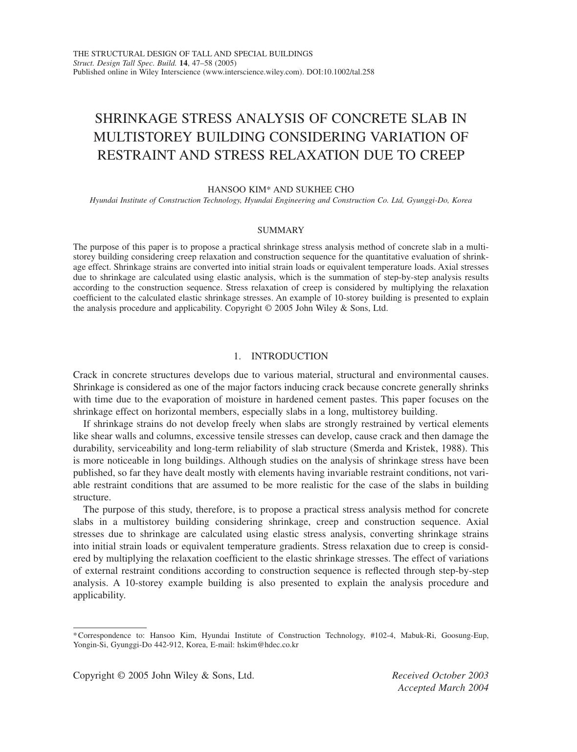Shrinkage stress analysis of concrete slab in multistorey building considering variation of restraint and stress relaxation due to creep by FP06