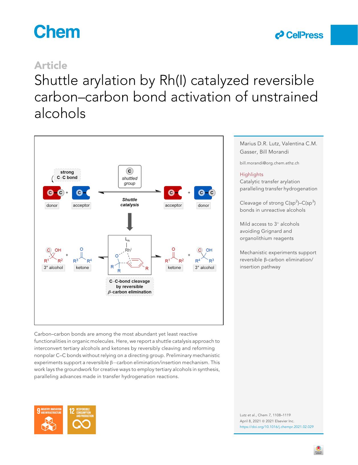 Shuttle arylation by Rh(I) catalyzed reversible carbon-carbon bond activation of unstrained alcohols by Marius D.R. Lutz
