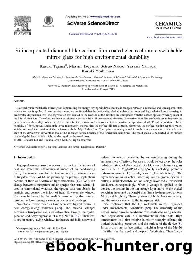 Si incorporated diamond-like carbon film-coated electrochromic switchable mirror glass for high environmental durability by Kazuki Tajima & Masami Ikeyama & Setsuo Nakao & Yasusei Yamada & Kazuki Yoshimura
