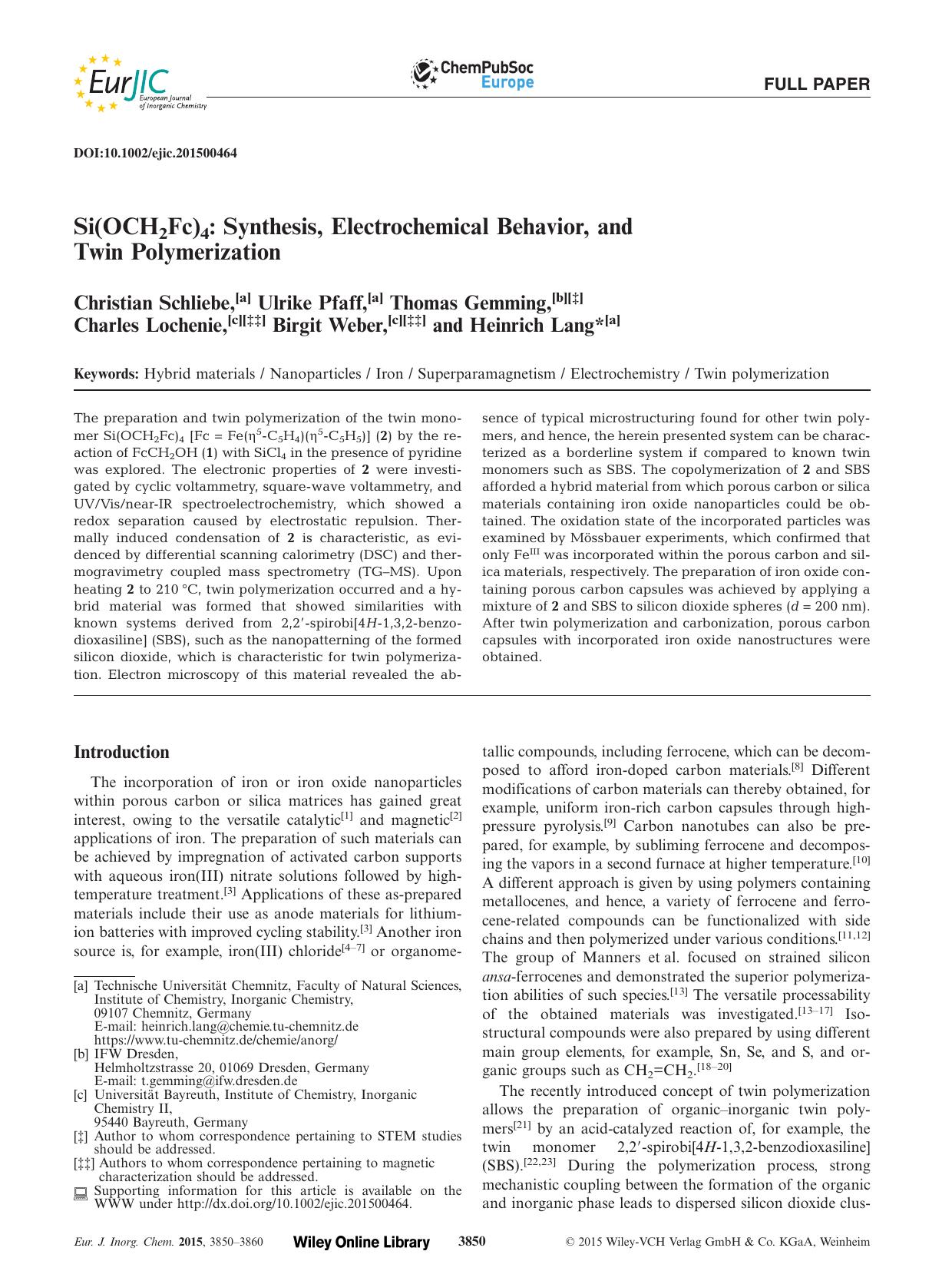 Si(OCH2Fc)4: Synthesis, Electrochemical Behavior, and Twin Polymerization by Unknown