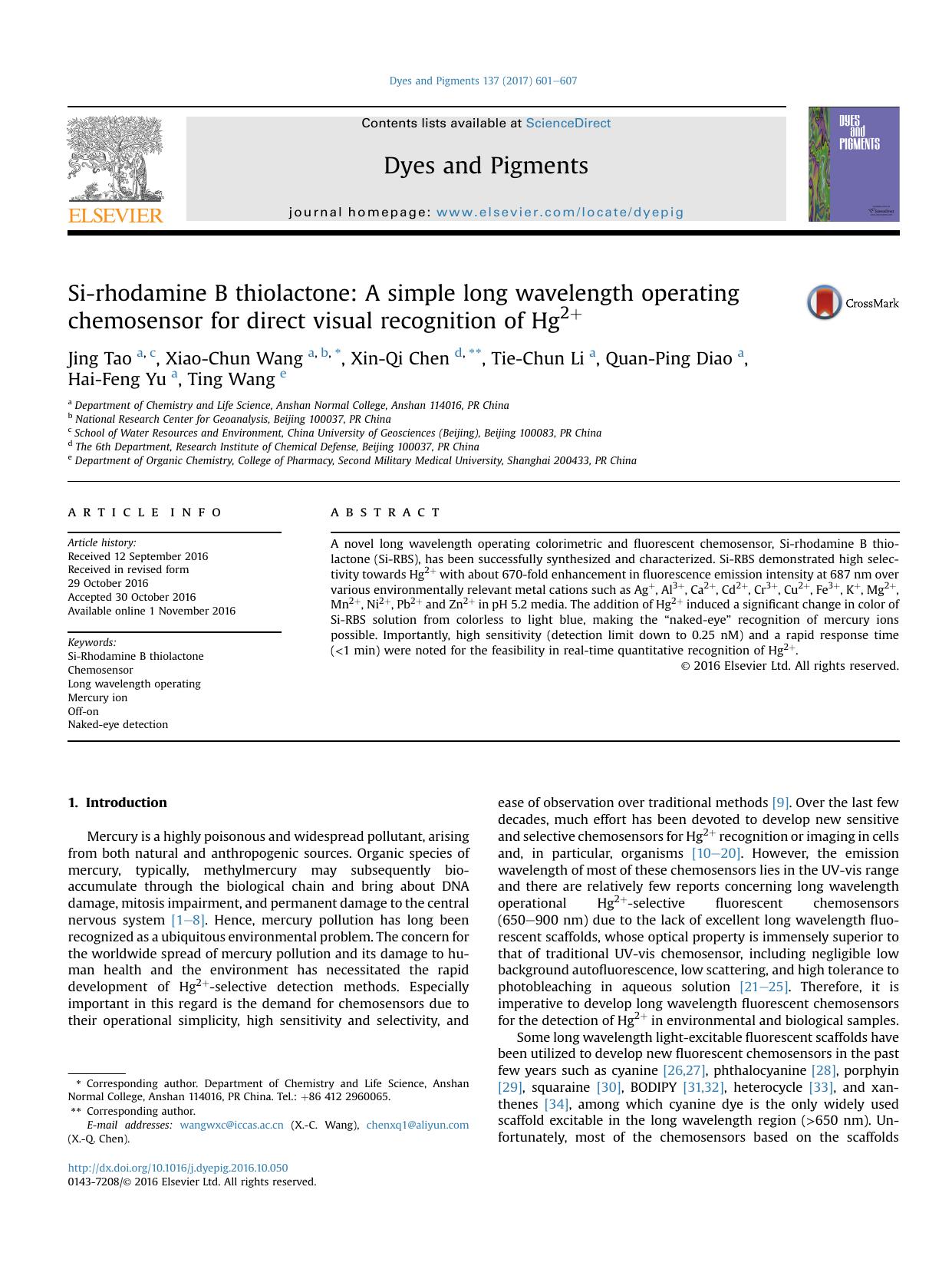 Si-rhodamine B thiolactone: A simple long wavelength operating chemosensor for direct visual recognition of Hg2+ by Jing Tao & Xiao-Chun Wang & Xin-Qi Chen & Tie-Chun Li & Quan-Ping Diao & Hai-Feng Yu & Ting Wang