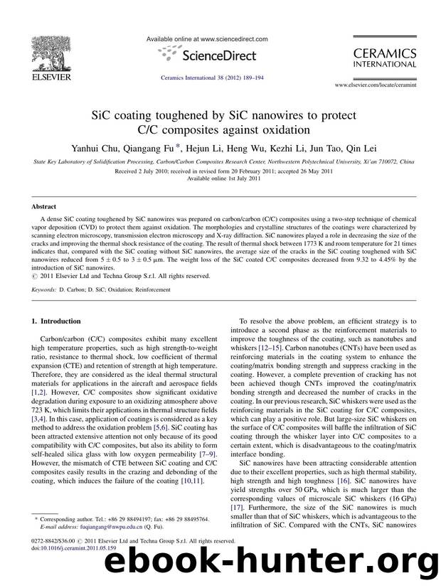 SiC coating toughened by SiC nanowires to protect CC composites against oxidation by Yanhui Chu