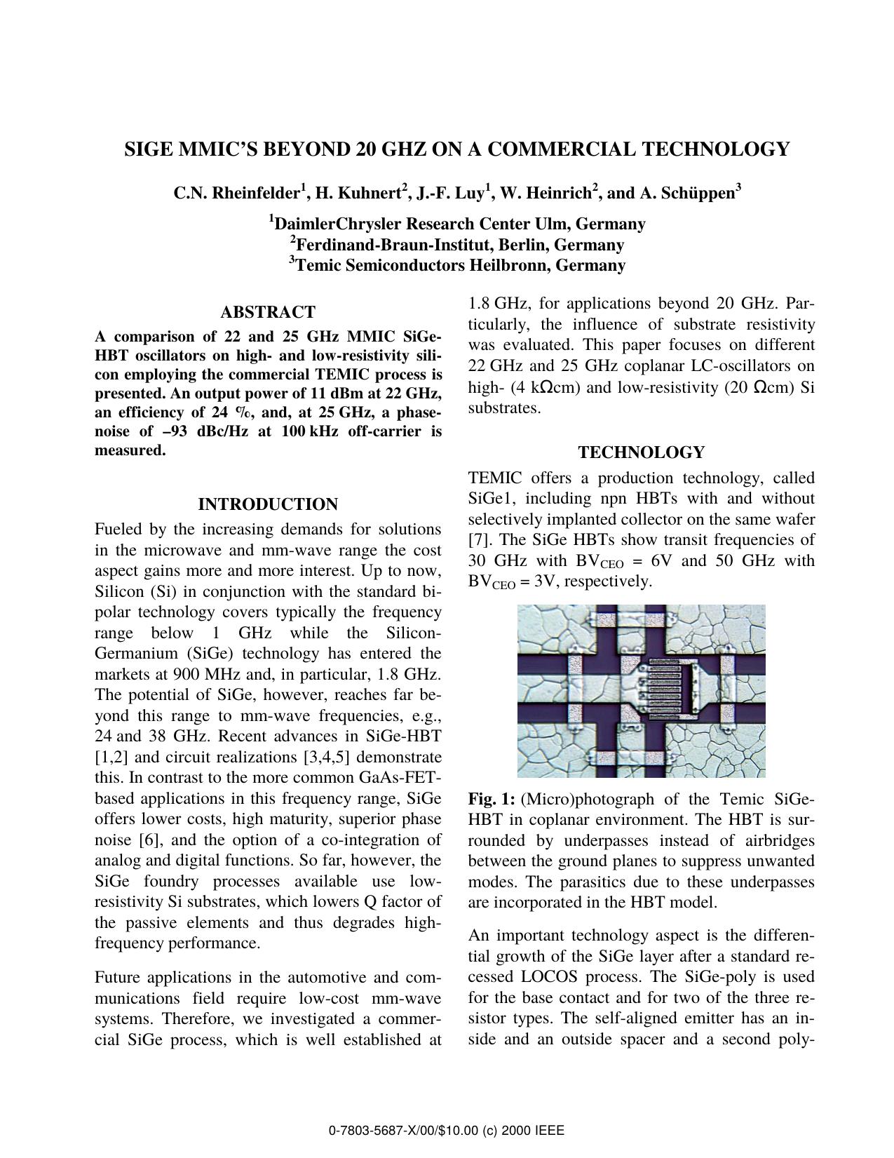 SiGe MMIC's Beyond 20 GHz on a Commercial Technology by C. N. Rheinfelder H. Kuhnert J.-F. Luy W. Heinrich & A. Schüppen