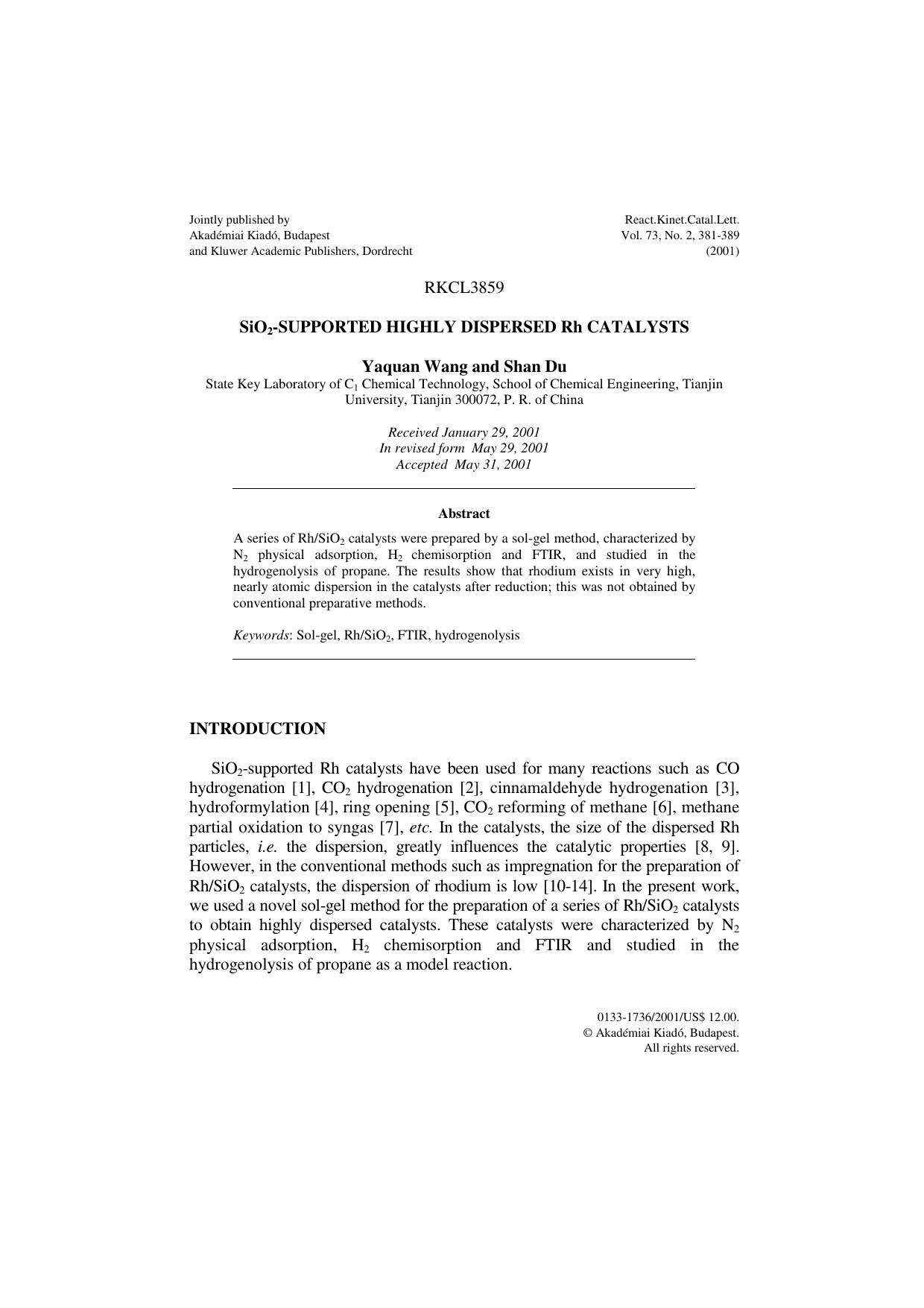 SiO<Subscript>2<Subscript>-Supported Highly Dispersed Rh Catalysts by Unknown
