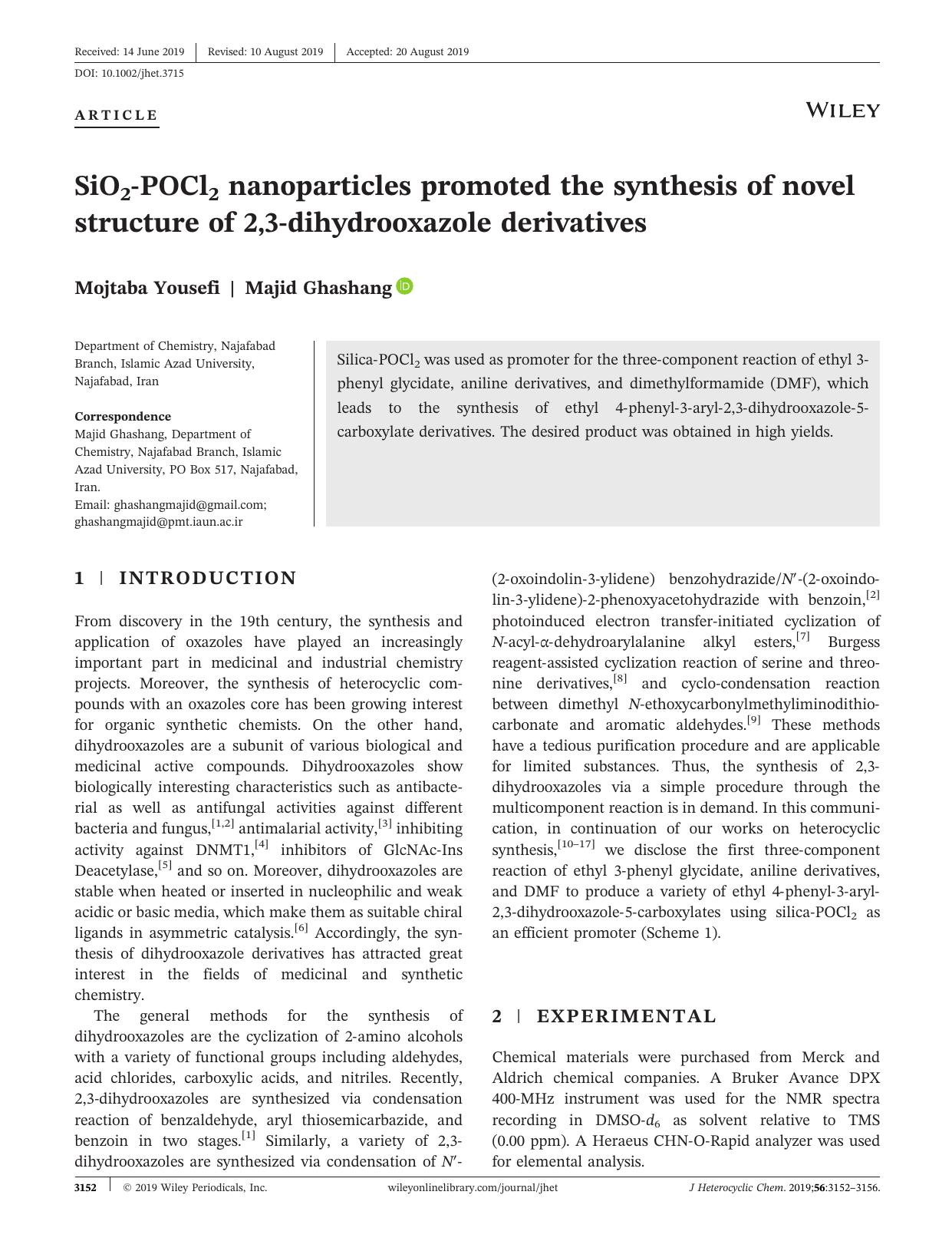 SiO2âPOCl2 nanoparticles promoted the synthesis of novel structure of 2,3âdihydrooxazole derivatives by Mojtaba Yousefi & Majid Ghashang