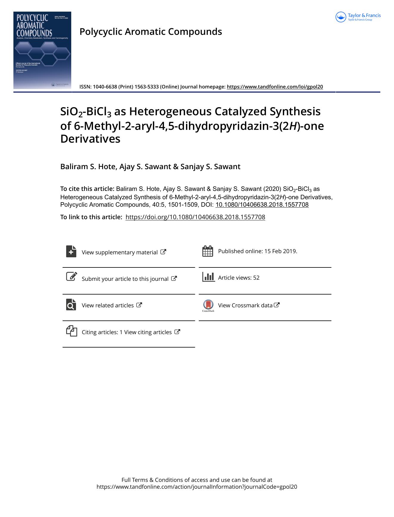SiO2-BiCl3 as Heterogeneous Catalyzed Synthesis of 6-Methyl-2-aryl-4,5-dihydropyridazin-3(2H)-one Derivatives by Hote Baliram S. & Sawant Ajay S. & Sawant Sanjay S