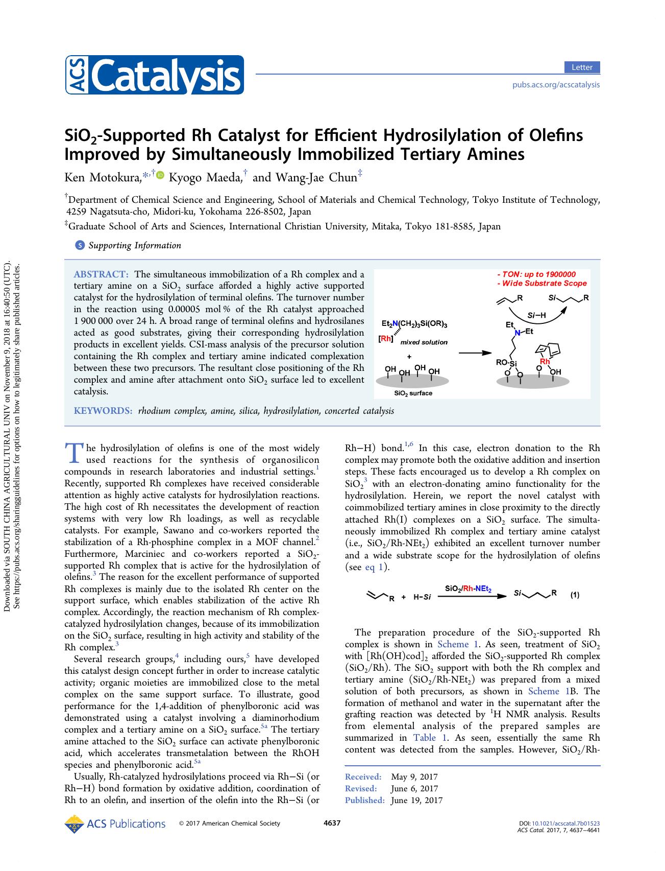 SiO2-Supported Rh Catalyst for Efficient Hydrosilylation of Olefins Improved by Simultaneously Immobilized Tertiary Amines by Ken Motokura Kyogo Maeda & Wang-Jae Chun