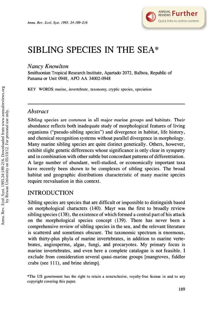 Sibling Species in the Sea by N Knowlton