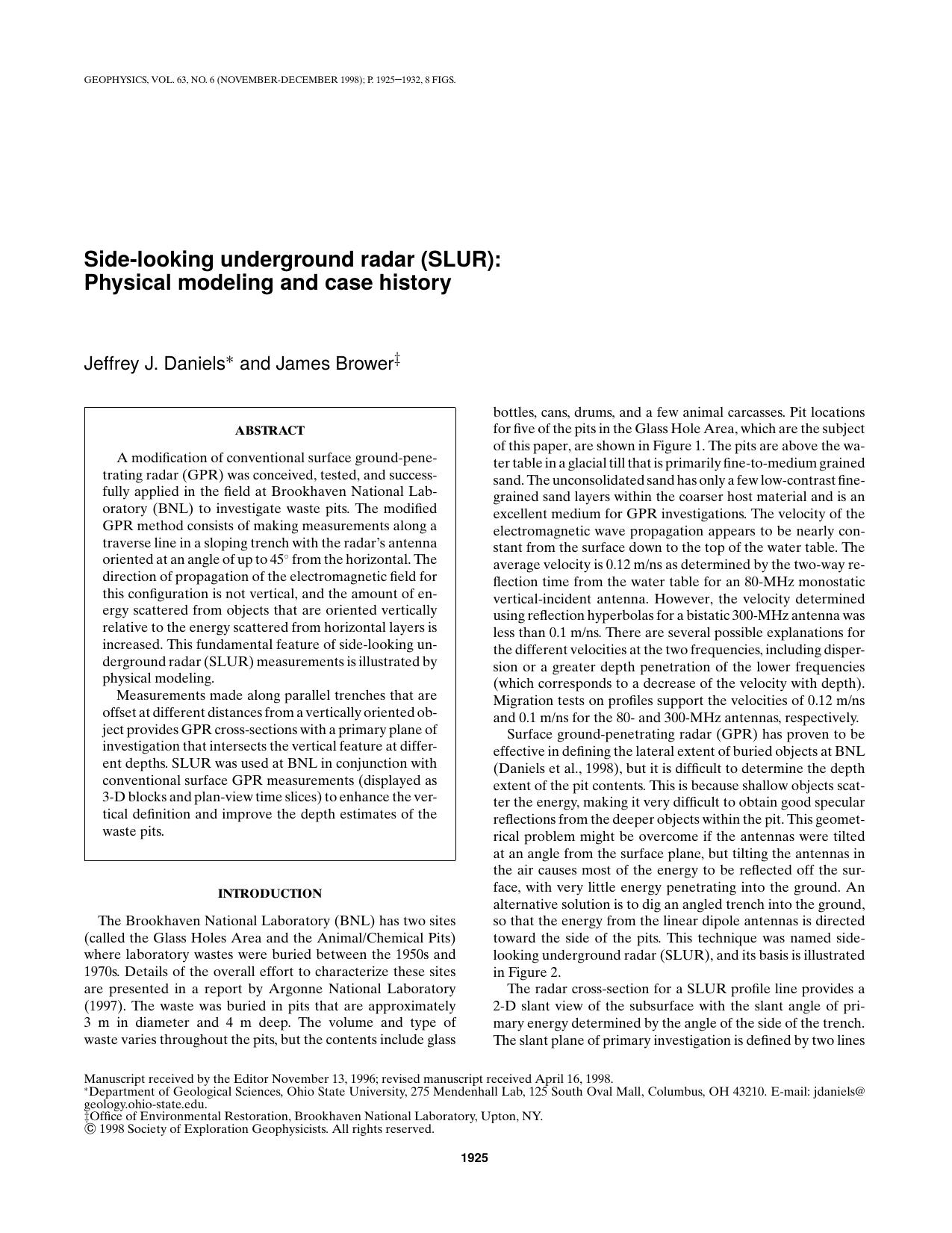 Side-looking underground radar (SLUR): Physical modeling and case history by J. J. Daniels J. Brower