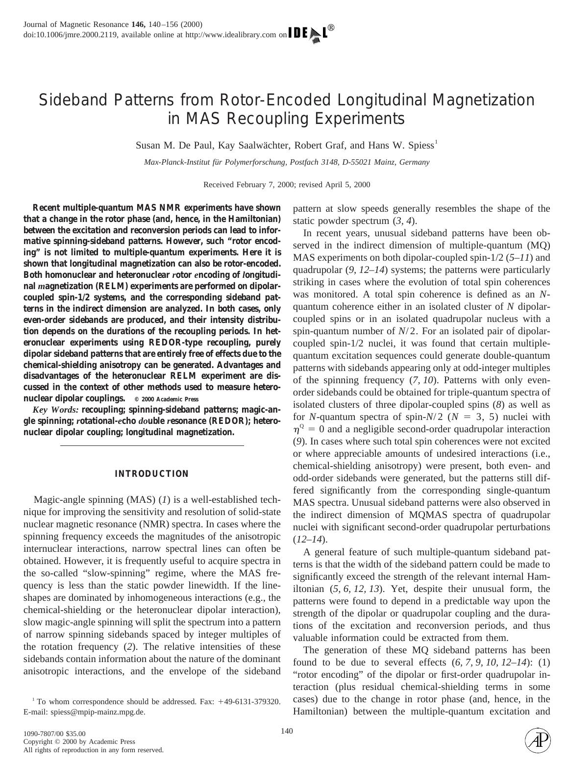 Sideband Patterns from Rotor-Encoded Longitudinal Magnetization in MAS Recoupling Experiments by De Paul S. M. et al
